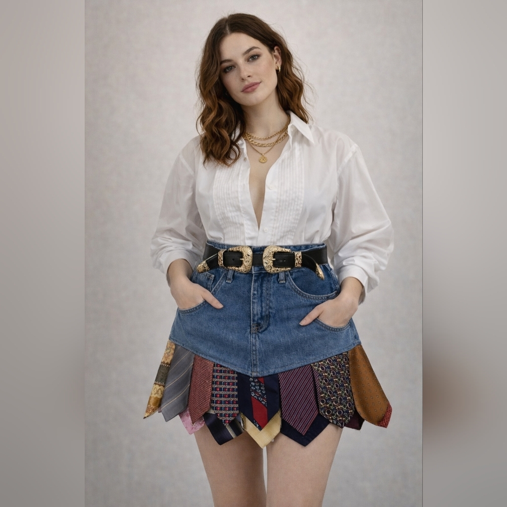 Custom Upcycled Denim & Tie Skirt – One of a Kind